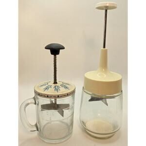 Gemco Anchor Hocking Vintage Nut Choppers Glass Jars Stainless Steel Blade BOTH